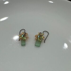 Green Glass Drop Earrings with Iridescent Floral Accents
